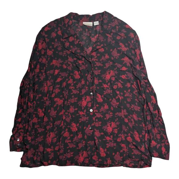 Vtg 1990s Elisabeth Black Red Floral Print Chiffon Collared Button Up Blouse 22 - Picture 1 of 4